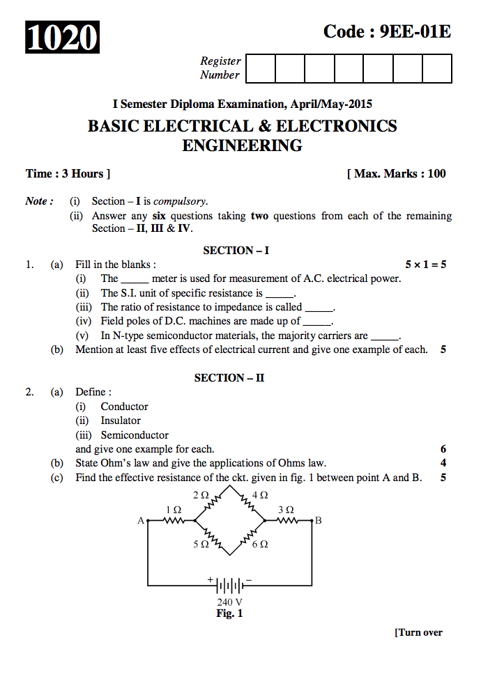 BASIC ELECTRICAL & ELECTRONICS ENGINEERING(9EE01E) DTE Question paper